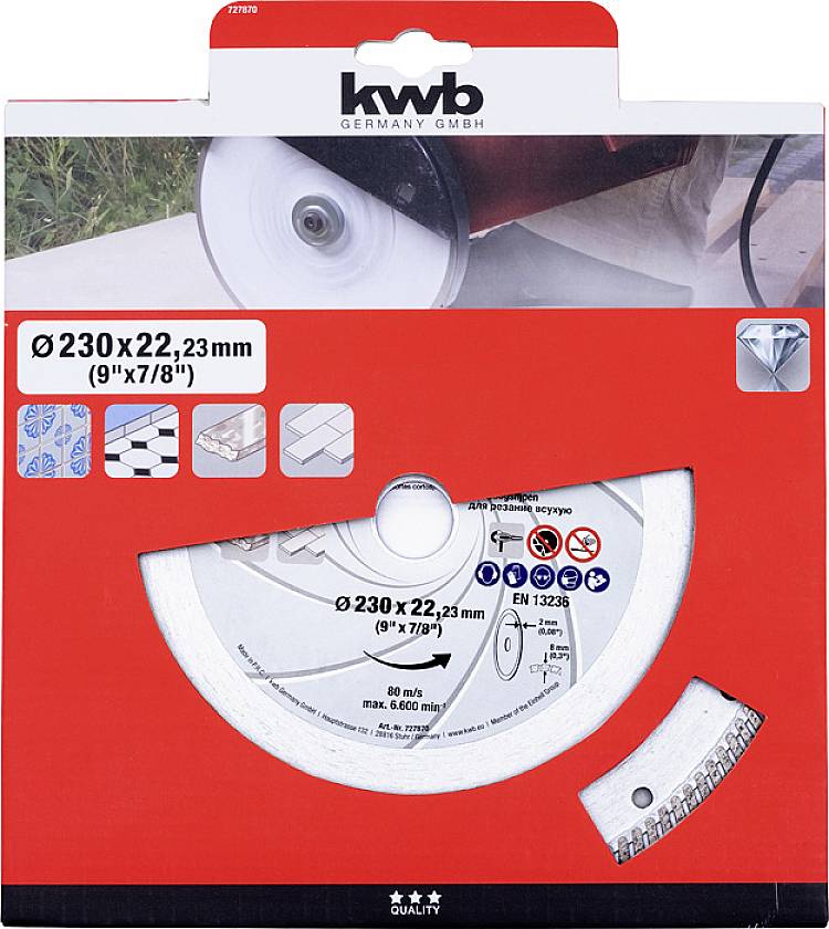 The image shows a KWB diamond cutting disc for angle grinder, ø 230 x 22.23 mm, suitable for concrete, tiles and natural stone.