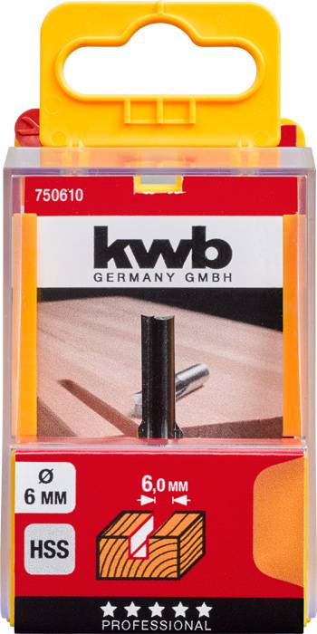 Milling cutter packaging with 'kwb' label, 6.0 mm diameter, suitable for wood, HSS material, five-star rating, professional.