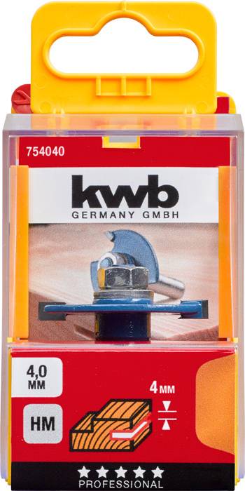 Packaging for a 4.0 mm TCT circular saw blade by kwb Germany GmbH. Contains an image of a circular saw and the text '4 mm PROFESSIONAL'.
