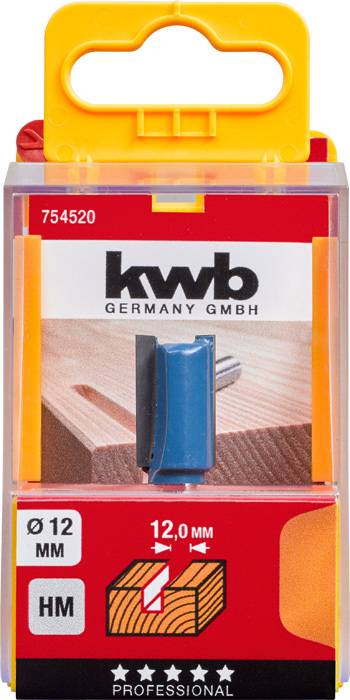 Packaging of a kwb Germany edge router with a 12 mm diameter and HM quality, depicted on a wooden background.