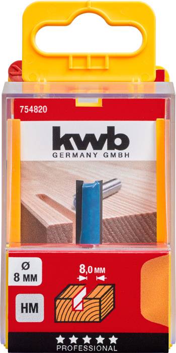 Router bit in packaging, 8mm diameter, woodworking. Packaging shows an image of the router bit and wood with a milled recess.