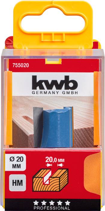 Packaging for a kwb milling cutter, suitable for 20 mm woodworking, featuring a tungsten carbide blade for professional applications.
