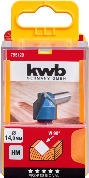 Packaging for a kwb Germany HM angle milling cutter. Cutter: 14 mm diameter, 90° angle. Includes an image of the cutter and a woodcut diagram.