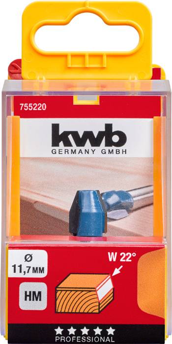 'Packaging of a KWB drill bit W 22°, diameter 11.7 mm, for wood; product image shows drill bit deviation at a 22° cut.'