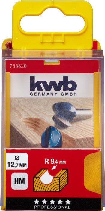 Packaging for a woodworking router bit by kwb, with a diameter of 12.7 mm and a radius of 9.4 mm, ISO Code 755820.