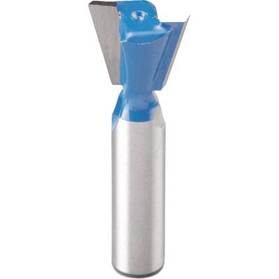 A blue milling cutter with wide, chamfered cutting edges, mounted on a silver shaft, used in woodworking or metalworking.