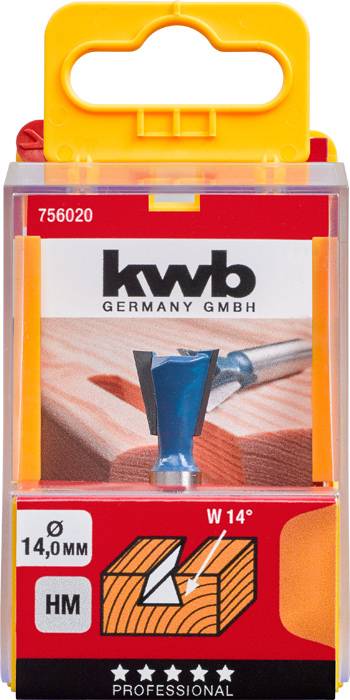 Packaging for a milling head, showing the product and its application on wood, with the inscription 'KWB Germany GmbH', size 14.0 mm.