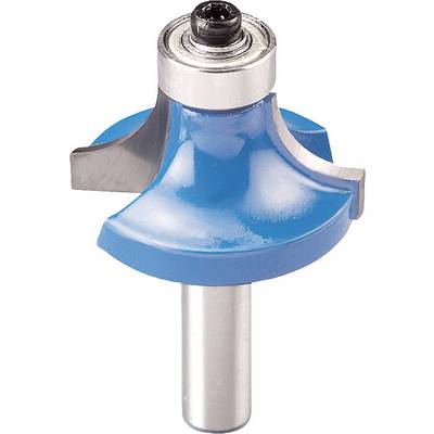 A blue router with a metal blade, used in woodworking for rounding edges.