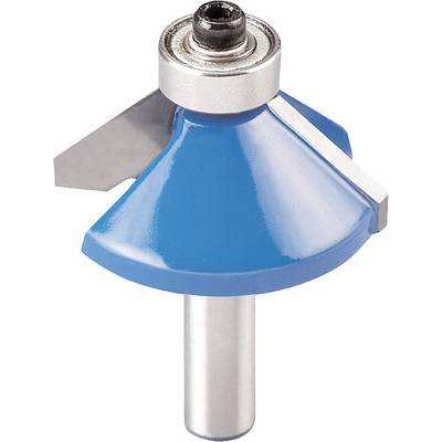 A blue edge router with a metal blade, used for shaping wood edges in carpentry or joinery work.