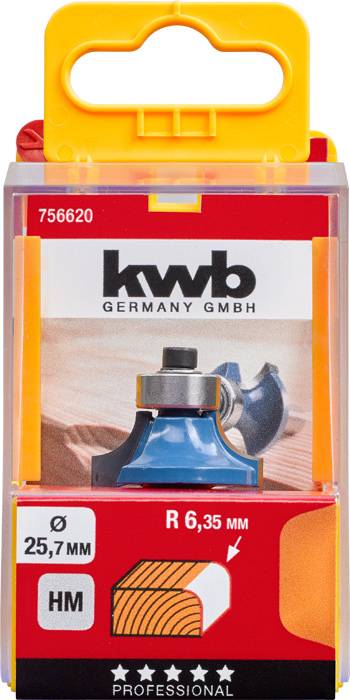 'KWB Top Cutter', 6.35 mm radius, for wood, tungsten carbide coated. Packaging in yellow and red with product image and information graphics.