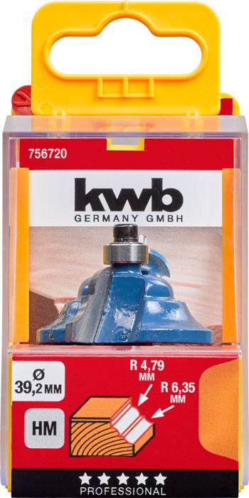 Wood router with blue head, dimensions: R 4.79 mm and R 6.35 mm, diameter 39.2 mm, suitable for professional applications. Packaging shows KWB brand.