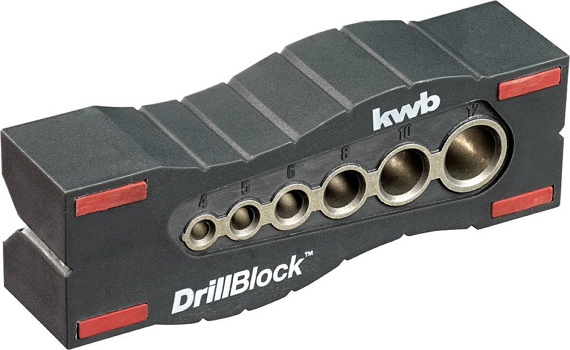 A black drill guide with seven holes of different sizes, labelled 'DrillBlock', used for precise guidance of drill bits.