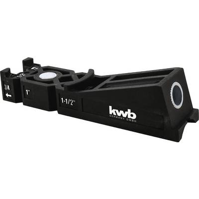 'Black drill template angle with measurements in inches: 3/4, 1, 1-1/2. Kwb Germany GmbH logo visible.'