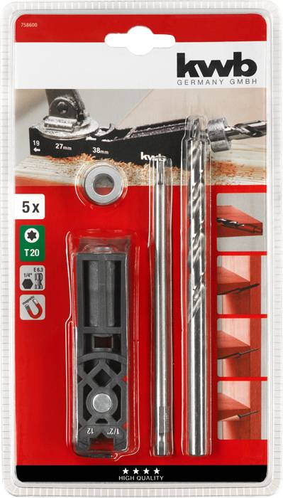 Tool set with drill bits and mounting accessories, ideal for precise shelf installation. Packaged by 'kwb Germany GmbH.'
