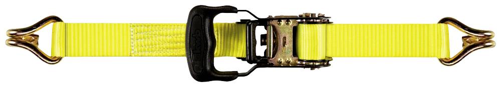 Yellow tension strap with ratchet closure and hooks at both ends for load securing.