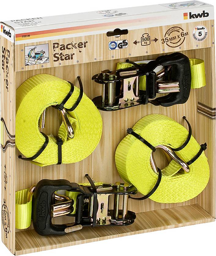 Package with four yellow straps and ratchets. Labelled 'Packer Star'. Capacity 500 kg, length 6 m, width 35 mm. Suitable for secure load restraint.