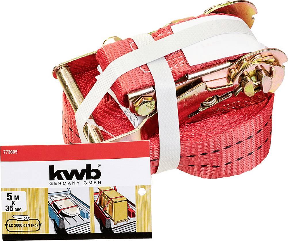 A red ratchet strap with steel hooks and label from 'kwb Germany GmbH'. Working load: 5 kN, dimensions: 200 cm x 35 mm.