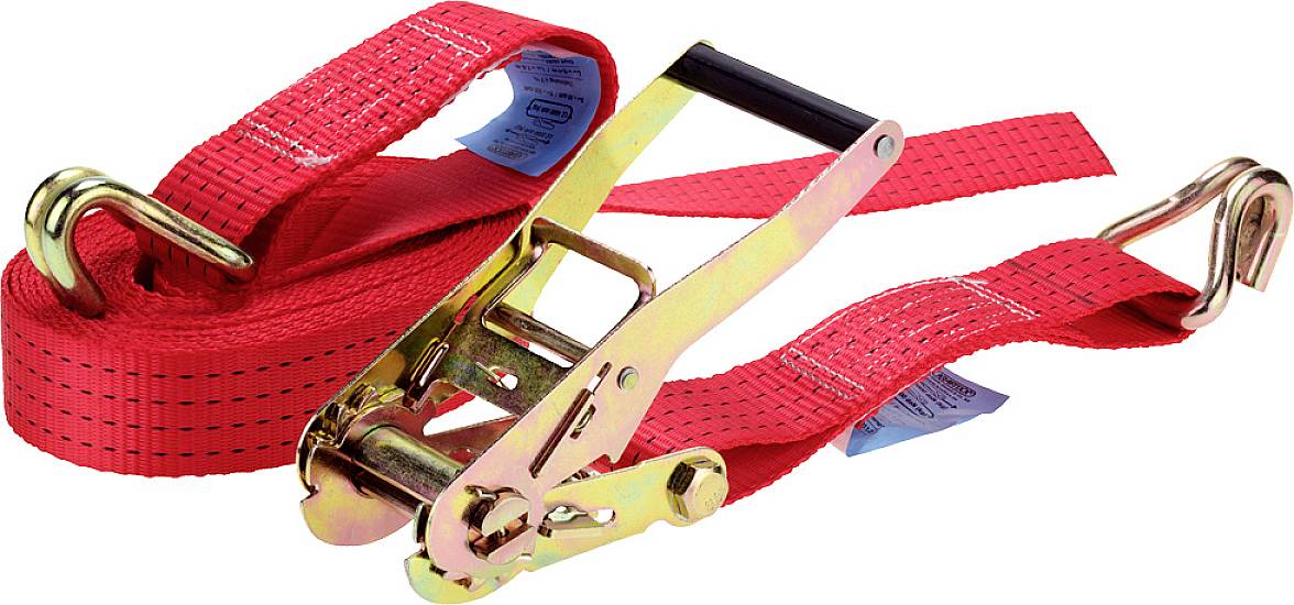 A red ratchet strap with hooks for securing loads.
