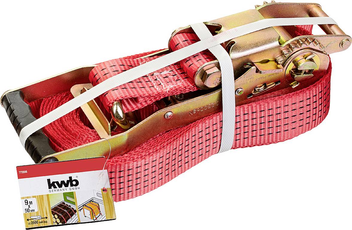 Ratchet Strap with Hooks, 9 metres long, load-bearing up to 2,500 kg, in high-visibility red. Packaging demonstrates use for cargo securing.