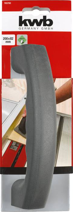 Black material door handle on packaging. At the top it says 'kwb GERMANY GMBH'. Dimensions: 200 x 82 mm. A workbench is in the background.