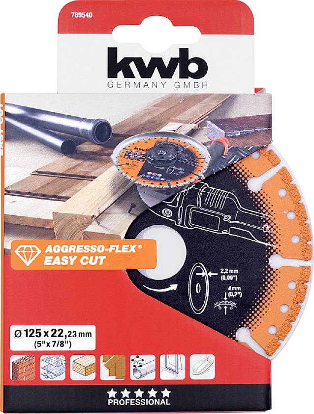 Packaging for a KWB Aggresso-Flex Easy Cut cutting disc. Diameter 125 mm. Suitable for various materials.