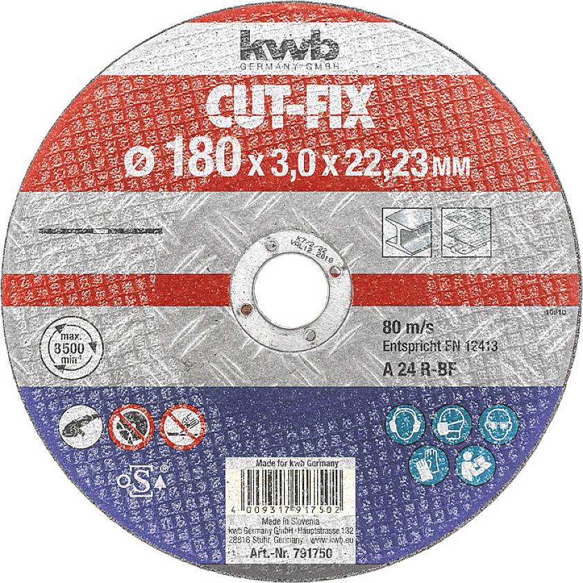 Grinding disc with inscription 'CUT-FIX, 180 x 3.0 x 22.23 mm', suitable for metals. Manufacturer: KWB. Speed: 80 m/s.