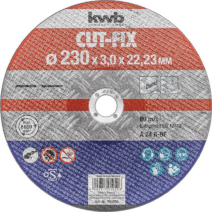 Grinding disc with inscription 'CUT-FIX Ø230 x 3.0 x 22.23 mm', suitable for metal cutting. Manufacturing standard: EN 12413.