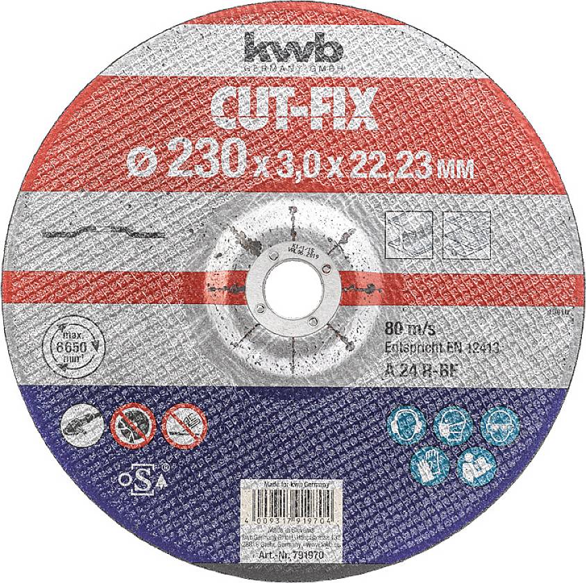 Cutting disc with the inscription 'CUT-FIX Ø 230 x 3.0 x 22.23 MM'. Manufacturer's name and technical specifications are visible.