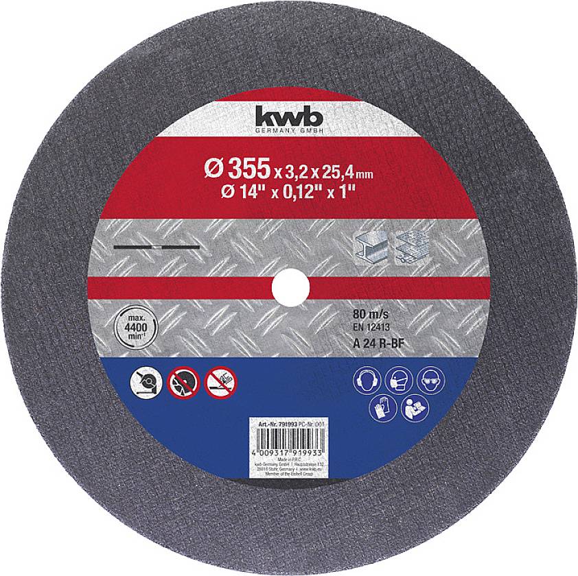 Cutting disc with print: '355 x 3.2 x 25.4 mm'. Shows symbol for maximum rotational speed of 4,400 rpm. For use with metal.