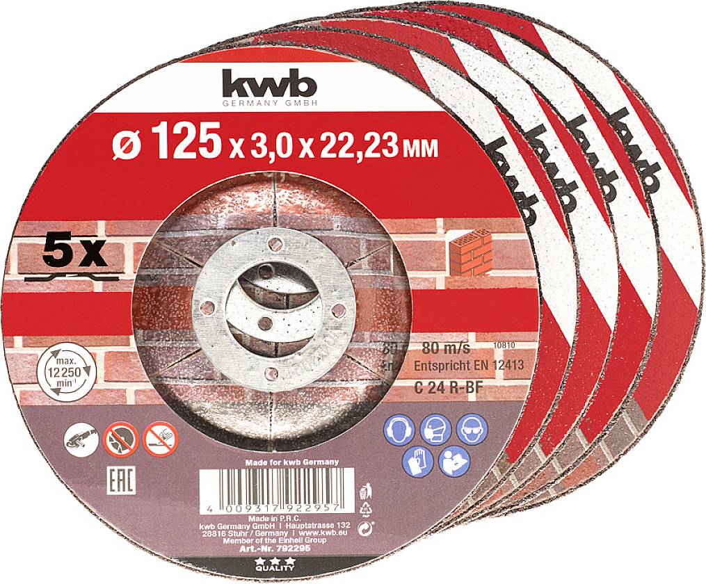 Five cutting discs with label 'Ø 125 x 3.0 x 22.23 MM', suitable for masonry. Packaging displays product specifications.