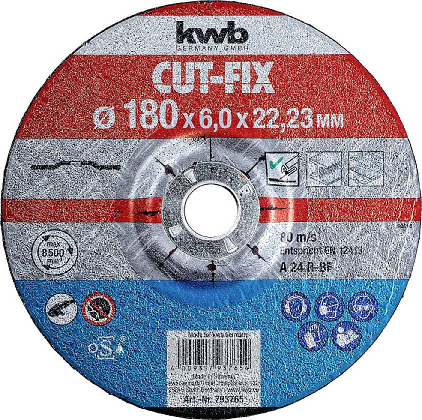 Grinding disc by kwb, model 'CUT-FIX', with dimensions 180 x 6.0 x 22.23 mm, suitable for metalworking.