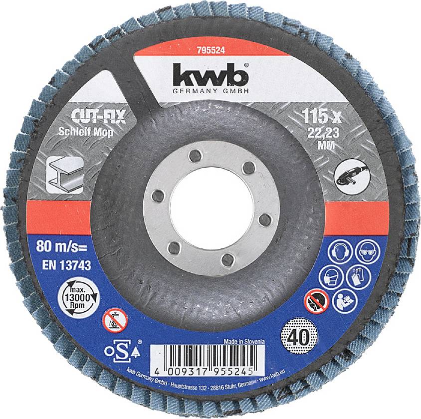 KWB grinding disc, model "CUT-FIX". Diameter: 115 mm. Maximum speed: 80 m/s. Maximum rotational speed: 13,300 rpm.