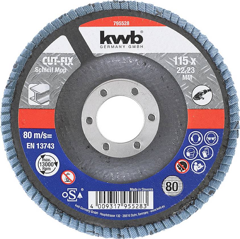 Blue-edged grinding disc with a hole in the centre. Printed details show speed and diameter specifications, brand 'kwb'.