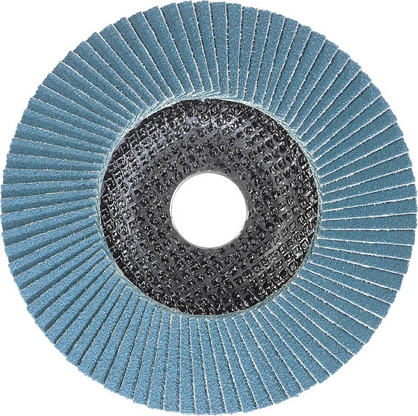 A blue grinding disc attachment with concentrically arranged lamellae.