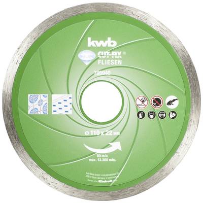 Green cutting disc with silver edge, brand 'kwb', labelled with application instructions and safety symbols for tiles.