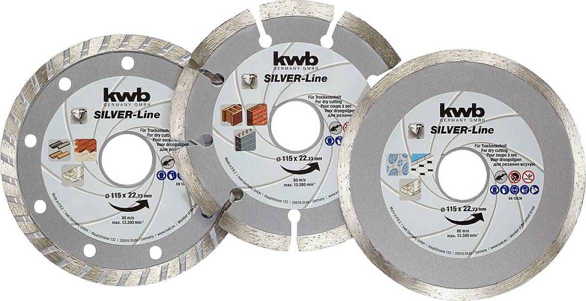 Three diamond cutting discs by KWB Silver-Line, suitable for various materials such as concrete, bricks and tiles.