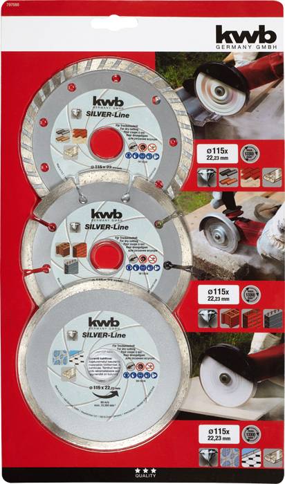 Three circular blades 'kwb Silver-Line' for various materials. Size and application images shown below.