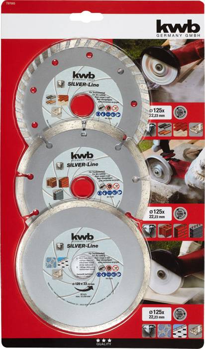 The image shows three circular saw blades from the 'kwb SILVER-Line' brand, suitable for various materials such as tiles and marble.