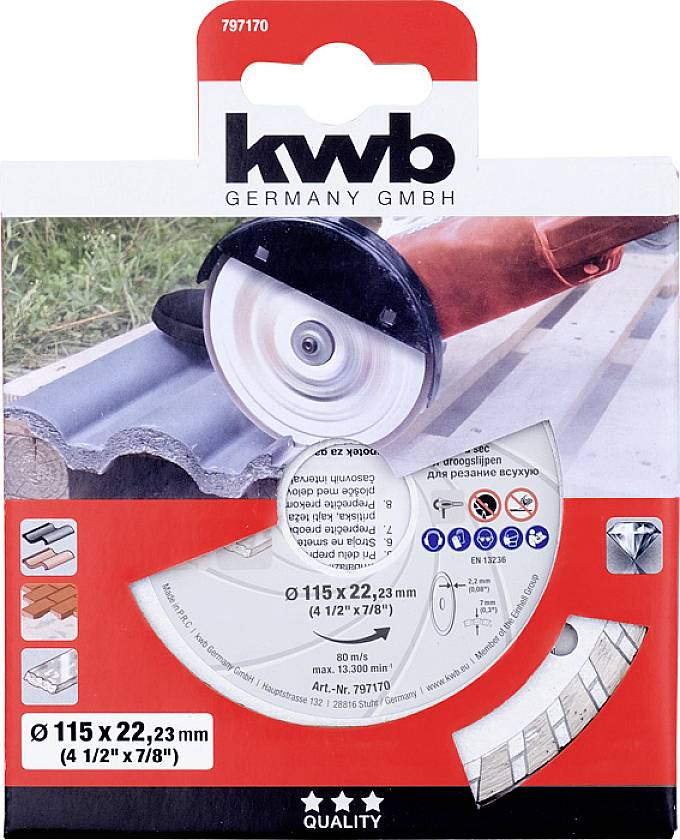 'Packaging for kwb cutting disc, suitable for metal and stainless steel, diameter 115 x 22.23 mm. Contains technical details and pictograms.'