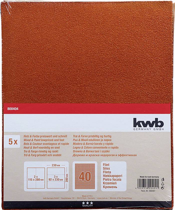 A pack of sandpaper in grit 40. Contains 5 sheets, each 230 mm x 280 mm. Suitable for wood and paint, manufactured in Germany.