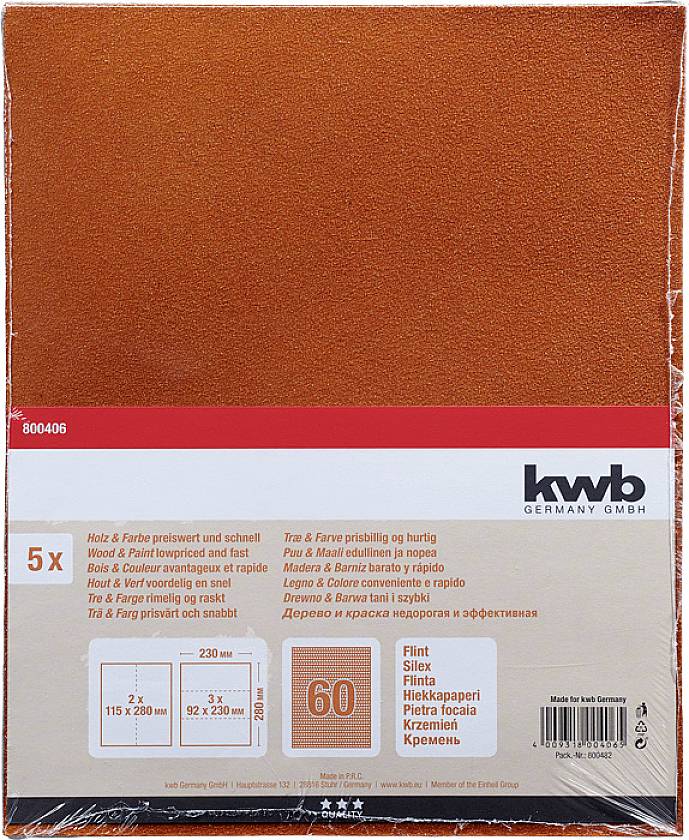 'Packaging of sandpaper in Orange, brand kwb Germany. Contains 5 sheets: 2 sheets 115 x 280 mm, 3 sheets 92 x 230 mm. Grit 60.'