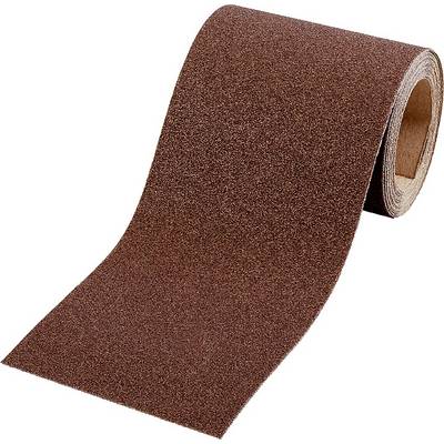A roll of brown sandpaper, partially unrolled, shows its rough surface. Intended for sanding materials.