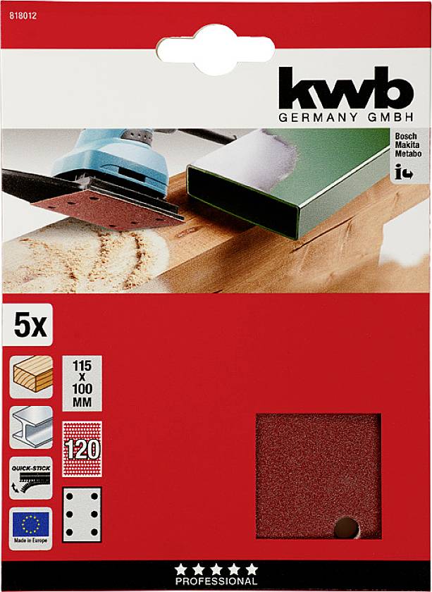 'Rectangular sanding sheets for wood, 115x100mm, pack of 5, 120 grit, suitable for various sanders by Bosch, Makita, Metabo.'