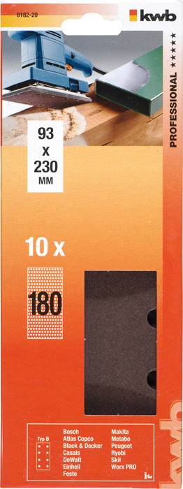 'KWB Professional Sanding Sheets, 93 x 230 mm, Pack of 10, Grit 180, compatible with brands such as Bosch, Makita and others.'