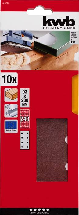 Sandpaper packaging with an illustration of a grinding machine. Contains 10 sheets, dimensions 93 x 230 mm, grit 240, EU product seal.