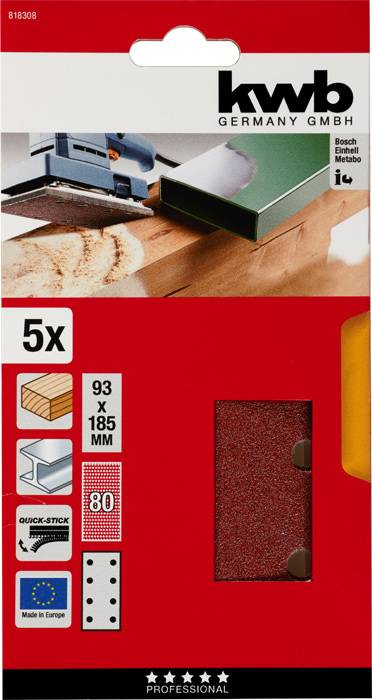 Pack of 5 sanding sheets, suitable for wood, 93 x 185 mm. Includes illustrations for use. Manufactured in Europe.