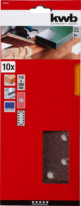 KWB sanding paper pack, 10 sheets, size 115 x 280 mm, 40 grit, suitable for wood and metal.