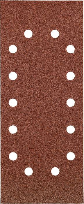 A rectangular piece of sandpaper with 14 evenly distributed round holes, arranged in two columns of seven holes each.