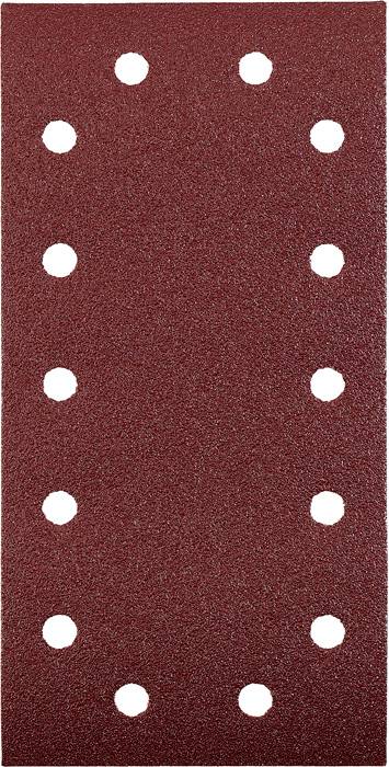 Rectangular sandpaper with 14 evenly distributed holes.