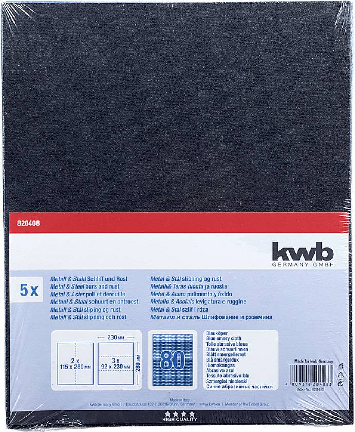 Five high-quality sandpaper sheets with 80 grit, suitable for metal and steel processing. Packaged by kwb.